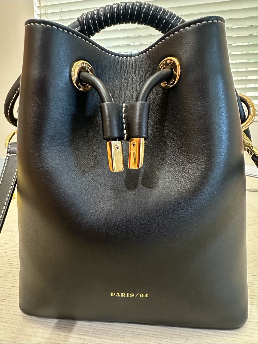 PARIS/64 Black Leather Drawstring Crossbody Bucket Bag